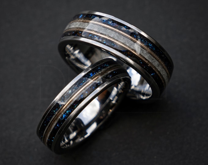 His and Hers Wedding Band, Outer Space Couples Ring, Silver Tungsten Ring, Unique Wedding Ring Set, Handmade Jewelry, Galaxy Fire Opal