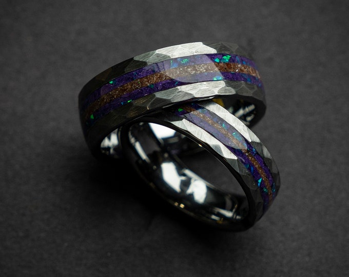 Trex Dinosaur Bone Opal Faceted Tungsten Ring Set, Meteorite ring, Dinosaur Bone Fossil Ring, Wedding Rings, Handmade Jewelry | Decazi