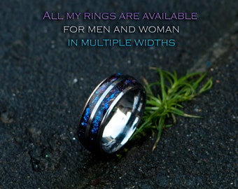 mens opal ring. Galaxy opal. Tungsten ring for men. meteorite opal ring. Hammered. wedding band men. ring with opal inlay