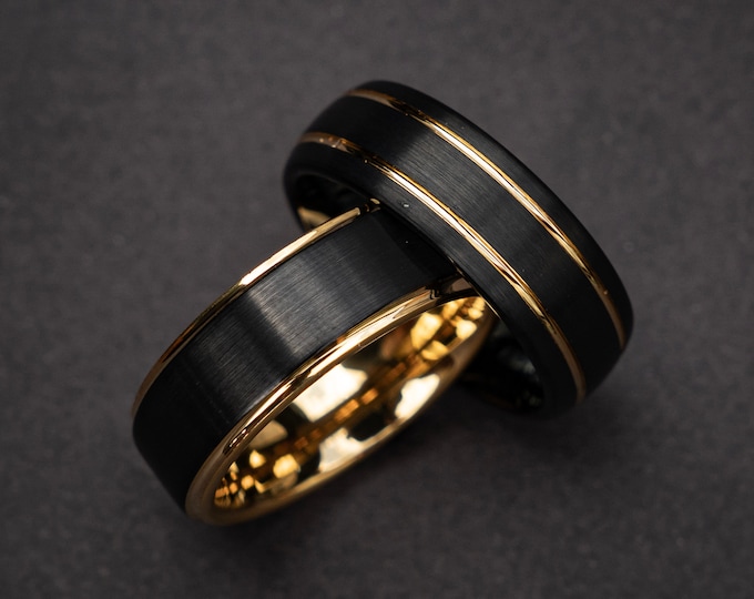 Wedding Ring Set, Matching Rings, Black Tungsten Ring, Wedding Rings, Couple Rings, Gold Tungsten Ring, His and Hers | Decazi