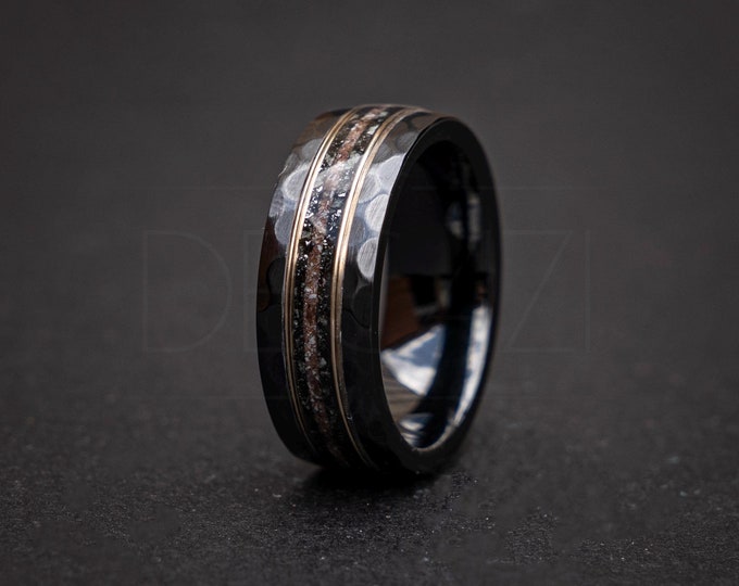 Black Faceted Hammered Ceramic Meteorite Dinosaur Bone Ring, Mens Wedding Band, Mens Meteorite Ring, Handmade Jewelry, Wedding Band | Decazi