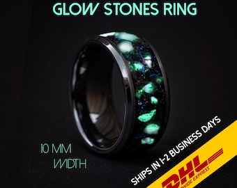 Green Glowstone Ring, Unique Wedding Band, Glow in the dark, Chunky Wide Resin Ring, Galaxy ring, Mens Wedding Band, Unique Engagement Ring