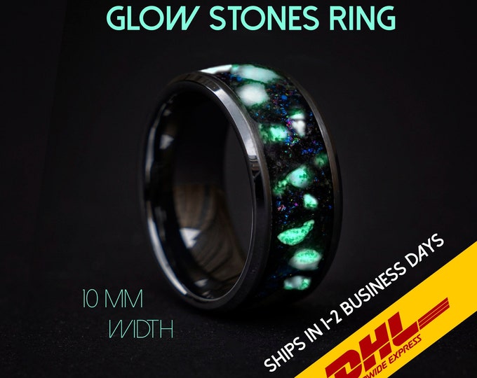 Green Glowstone Ring, Unique Wedding Band, Glow in the dark, Chunky Wide Resin Ring, Galaxy ring, Mens Wedding Band, Unique Engagement Ring