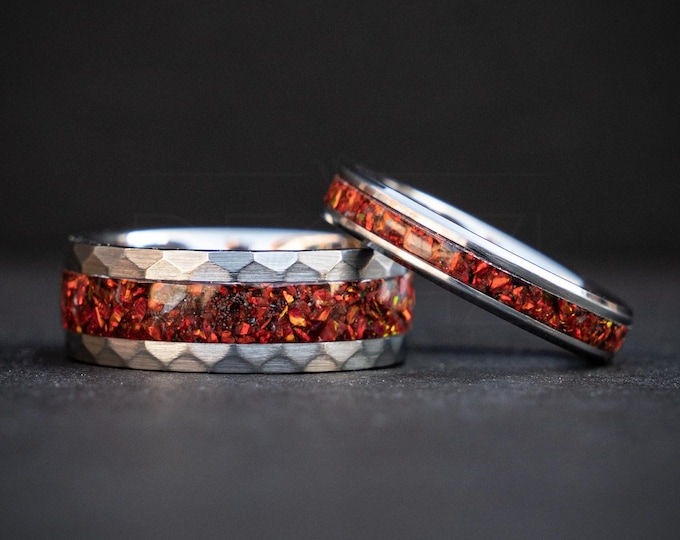 Hammered Silver Tungsten Ring Ruby Wedding Band, Matching couple rings, Ruby Ring, Handmade Jewelry, Wedding Rings | Decazi
