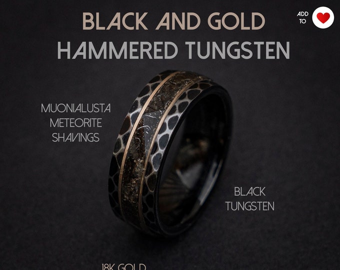 Hammered ring, Meteorite ring, Unique Wedding Band, Handmade Jewelry, Gold Black Faceted Tungsten Ring, Everyday Rings | Decazi