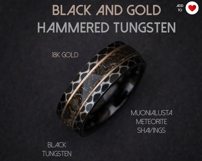 Black Hammered Meteorite Gold Tungsten Ring, Hammered Brushed Tungsten Ring, Mens Ring, Meteorite ring, Gold Crushed Meteorite Ring | Decazi