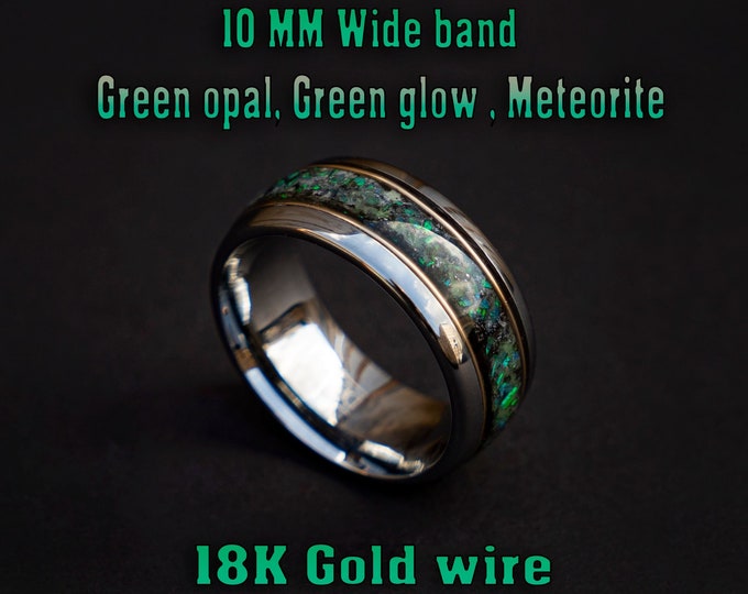 10mm domed green opal glow ring, mens wedding band, mens ring, meteorite ring, mens wedding ring, mens engagement ring, meteorite ring men,