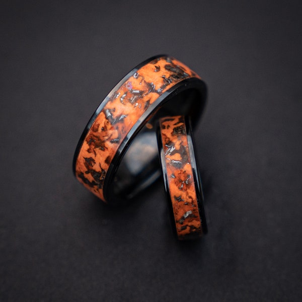 Muonionalusta/Gibeon meteorite wedding ring set copeaux de météorite et fire glow, Best Friend Rings, Couple Ring Set, Wedding band | Décazi