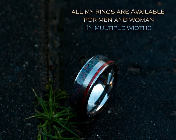 Double tungsten inlay ring with black and red opal.