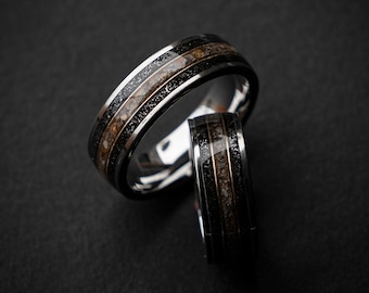Wedding Ring Set, Dinosaur Bone Ring, Meteorite Ring, Mens Wedding Band Unique, Couples Rings, Mens Wedding Rings Gold Accent | Decazi