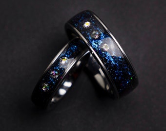 couple ring set, alexandrite wedding ring set, crystal ring set, Blue galaxy, Cubic zirconia, couples, friendship, engagement, His and hers