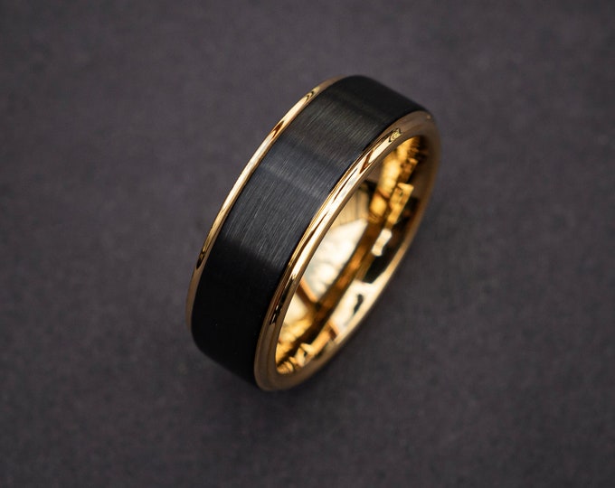 Men's Tungsten Wedding Band, Thick Gold Ring, Black Tungsten Ring, Gold Tungsten Ring, Tungsten Band, Personalized Ring | Decazi