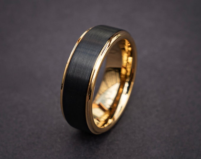 Men's Tungsten Wedding Band, Thick Gold Ring, Black Tungsten Ring, Gold Tungsten Ring, Tungsten Band, Personalized Ring | Decazi