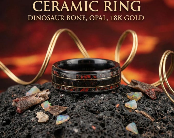 Trex Dinosaur Bone Black Opal Meteorite Ceramic Ring, Meteorite ring, Dinosaur Bone Fossil Ring, Men's Wedding Band, Ceramic Band
