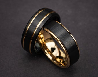 Set di fedi nuziali, anelli abbinati, anello in tungsteno nero, fedi nuziali, anelli di coppia, anello in tungsteno dorato, per lui e per lei | Decazi