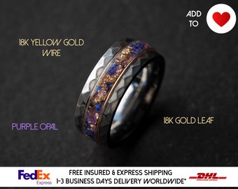 Hammered Purple Opal Gold Leaf Meteorite Band, Anniversary Ring, Unique Tungsten Wedding Band, Gold Opal Ring, Tungsten Ring Men | Decazi