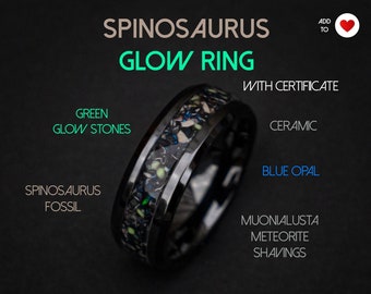 Spinosaurus dinosaur with Blue galaxy opal and meteorite dust, meteorite ring, glow ring, unique ring, mens wedding band, handmade | Decazi