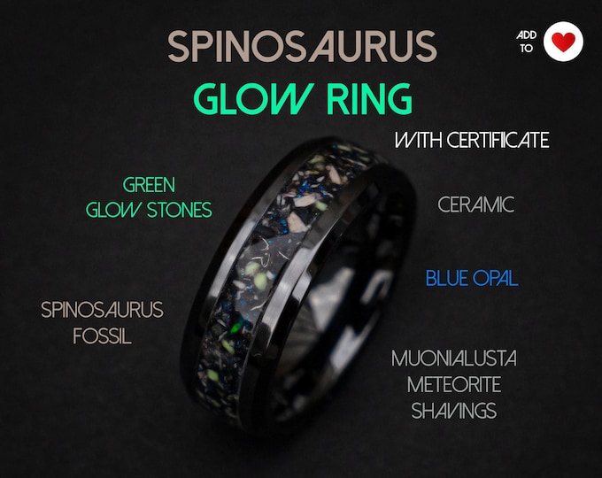 Spinosaurus dinosaur with Blue galaxy opal and meteorite dust, meteorite ring, glow ring, unique ring, mens wedding band, handmade | Decazi