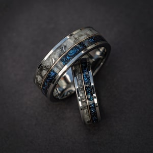 Moonstone mixed with Muonionalusta meteorite and Galaxy Opal divided by 18K goldwire, Moonstone Tungsten Ring, moon ring, Men's Wedding Band