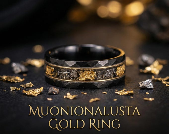 Meteorite Gold Leaf & Strip Black Wedding Anniversary Engagement Ring with Hammered Edge - Gift for Him or Her