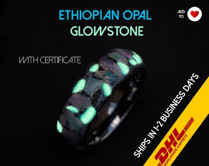 Ethiopian opal glow in the dark ring, glowstone ring, mens promise ring, Unique, Etiopian opal ring, tungsten engagement ring | Decazi