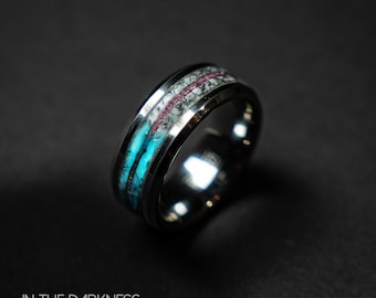 Personalized Purple Opal Wedding Band for Men, Custom Tungsten Anniversary Ring Gift, Opal Ring with Meteorite, Unique Marble Wedding Ring