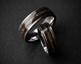 Dinosaur Bone Meteorite Wedding Ring Set, Meteorite Ring, Couples Rings, Mens Wedding Rings Gold Accent, Handmade Jewelry | Decazi