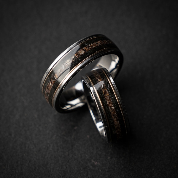 Dinosaur Bone Meteorite Wedding Ring Set, Meteorite Ring, Couples Rings, Mens Wedding Rings Gold Accent, Handmade Jewelry | Decazi