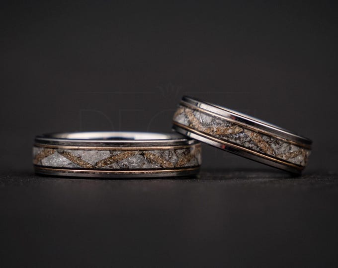 Mens Wedding Rings with Dinosaur Bone and Muonionalusta Meteorite, Customizable Personalized Handmade Jewelry | Decazi