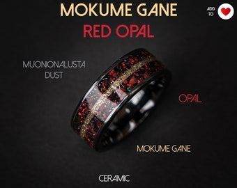 Red Fire Opal Wedding Band, Bague noire pour hommes, Bague anniversaire Meteorite Band, Bijoux Red Opale, Bague inspirée de l’anime, Opale de feu mexicaine