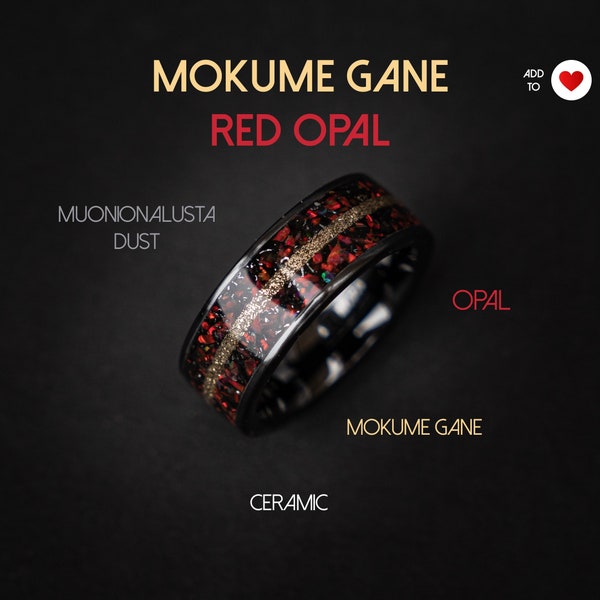 Red Fire Opal Wedding Band, Bague noire pour hommes, Bague anniversaire Meteorite Band, Bijoux Red Opale, Bague inspirée de l’anime, Opale de feu mexicaine