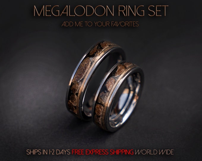 Megalodon wedding ringset, Dinosaur Bone Wedding Band, Dinosaur Rings, Fossil Jewelry for Him, cool mens ring, Dinosaur Jewelry | Decazi