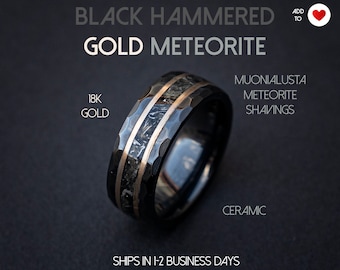 Bague en céramique d’or de météorite martelée noire, bague en céramique brossée martelée, bague pour homme, bague météorite, bague météorite broyée en or | Decazi