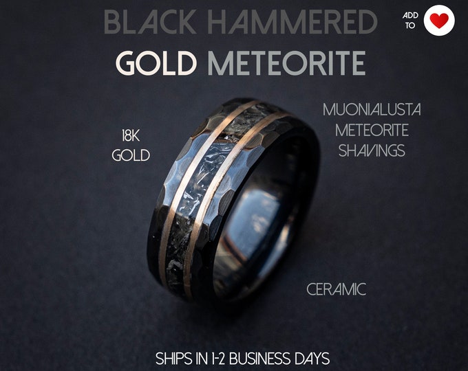 Black Hammered Meteorite Gold Ceramic Ring, Hammered Brushed Ceramic Ring, Mens Ring, Meteorite ring, Gold Crushed Meteorite Ring | Decazi