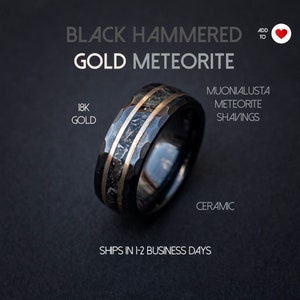 Black Hammered Meteorite Gold Ceramic Ring, Hammered Brushed Ceramic Ring, Mens Ring, Meteorite ring, Gold Crushed Meteorite Ring | Decazi