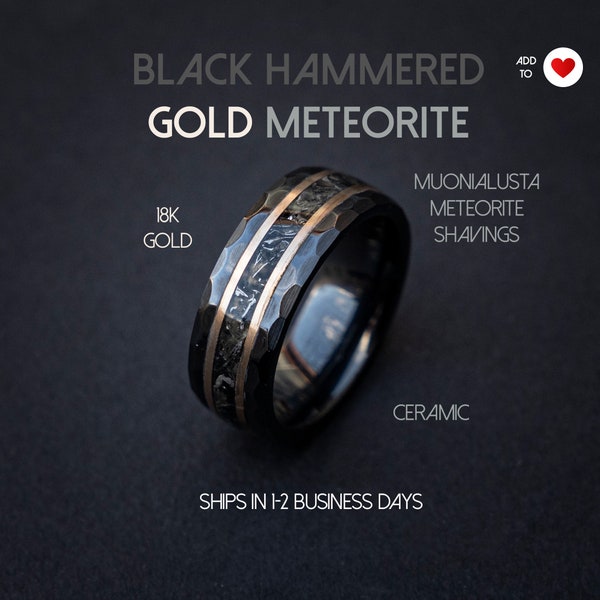 Bague en céramique d’or de météorite martelée noire, bague en céramique brossée martelée, bague pour homme, bague météorite, bague météorite broyée en or | Decazi