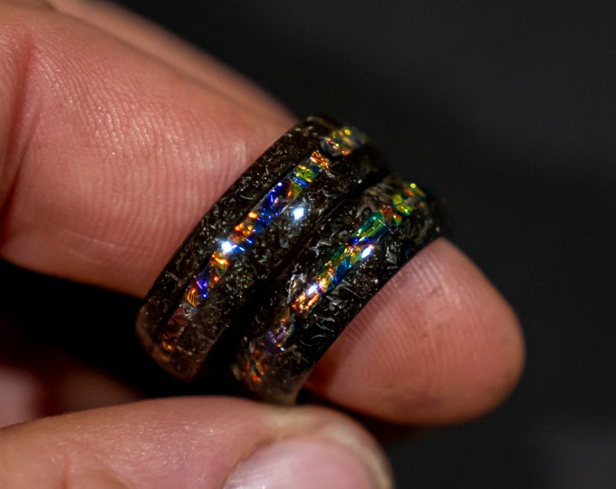 Couples rings with Muonionalusta meteorite shavings tungsten ring with Dichrolam galaxy inlay, mens wedding band, meteorite ring.