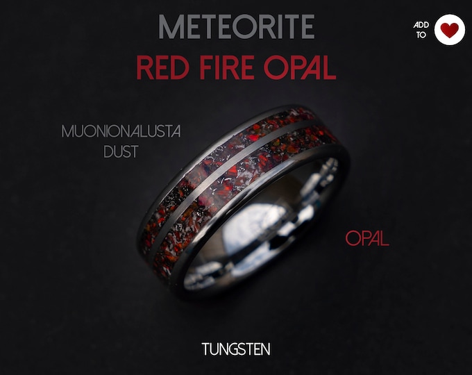 Red fire opal ring, opal engagement ring, opal wedding ring, meteorite ring men, tungsten ring women, simple elegant ring, glowstone ring.