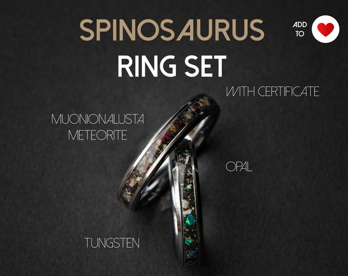 Spinosaurus delicate wedding ring set with Blue galaxy and black opal and meteorite dust, couples ring, Best friend rings, couple ring set