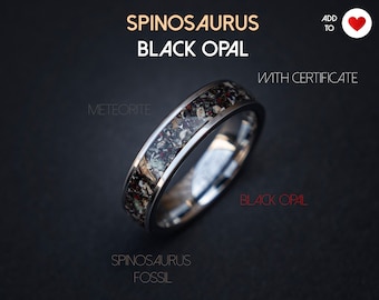 Spinosaurus dinosaur with Black opal and meteorite dust, mens wedding band, wedding ring, handmade wedding band,  | Decazi