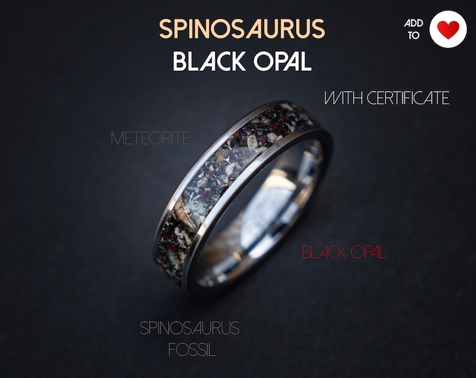 Spinosaurus dinosaur with Black opal and meteorite dust, mens wedding band, wedding ring, handmade wedding band, | Decazi