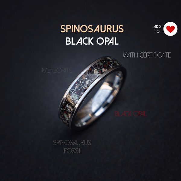 Spinosaurus dinosaur with Black opal and meteorite dust, mens wedding band, wedding ring, handmade wedding band,  | Decazi