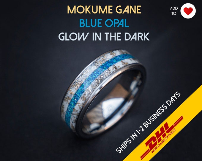 Glow in the Dark Gold Flake Mokume Gane Band Ring, Men's Tungsten Ring, Meteorite Opal Wedding Ring, Glow ring, Gift for Him