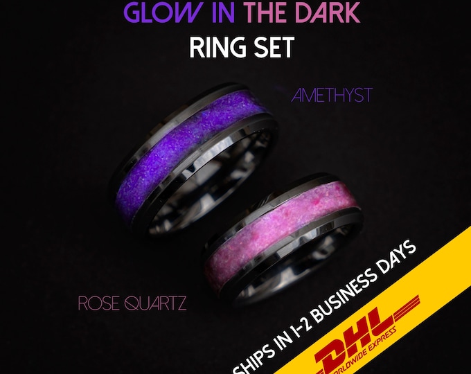 Glow In The Dark, His and Hers rings, Raw Amethyst Ring, Rose Quartz Ring Band, Crystal Healing Jewelry, Wedding Ring Set, Gemstone | Decazi