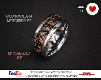 Anillo de bodas de hoja de oro rosa con polvo de meteorito, anillo de meteorito de lámina de oro de boda, anillos de boda para hombres con acento dorado, joyería hecha a mano / Decazi