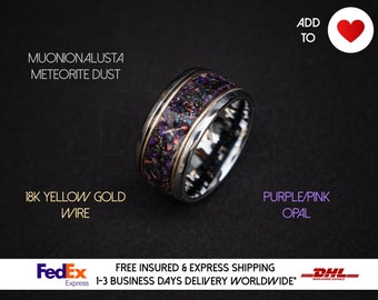 Resplandor de la banda de bodas para hombres, hombres del anillo de bodas, anillo de meteorito para hombres de tungsteno, anillo de meteorito, joyería hecha a mano, banda de ópalo, anillo de tungsteno / Decazi