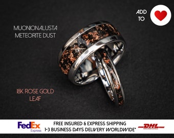 Meteorite Dust Rose Gold Leaf Wedding Ring Set, Wedding Gold Foil Meteorite Ring, Couples Rings, Mens Wedding Rings Gold Accent | Decazi