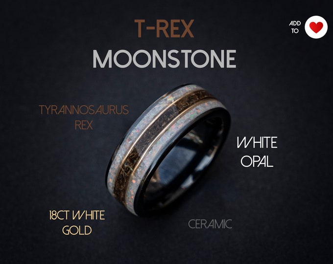 Trex Dinosaur Bone Moonstone Ceramic Ring, moon ring, Rainbow moonstone, Gemstone ring, Glow In The Dark, Men's Wedding Band, Ceramic Band