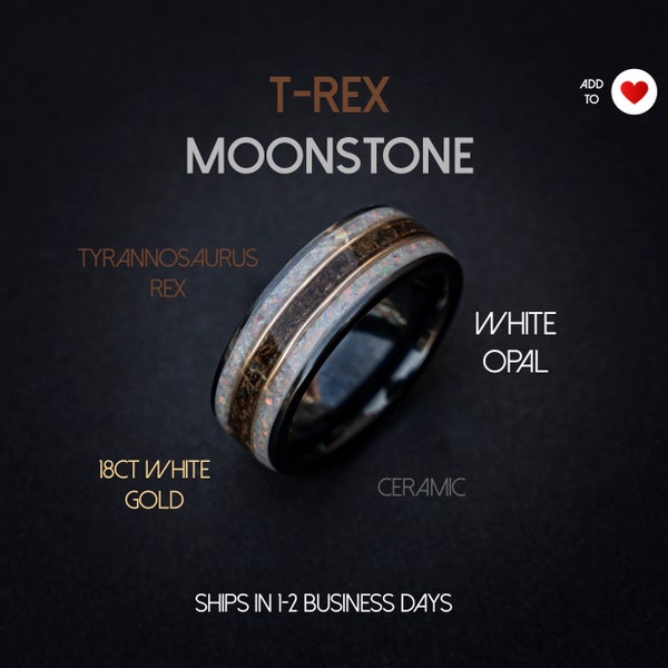 Trex Dinosaur Bone Moonstone Ceramic Ring, moon ring, Rainbow moonstone, Gemstone ring, Glow In The Dark, Men's Wedding Band, Ceramic Band