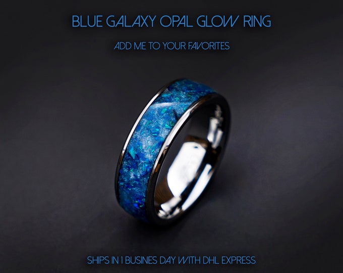 galaxy opal ring, Galaxy Glowstone Ring, blue opal ring, Glow in the dark, Unique mens Wedding Band, Custom Wedding Ring | Decazi